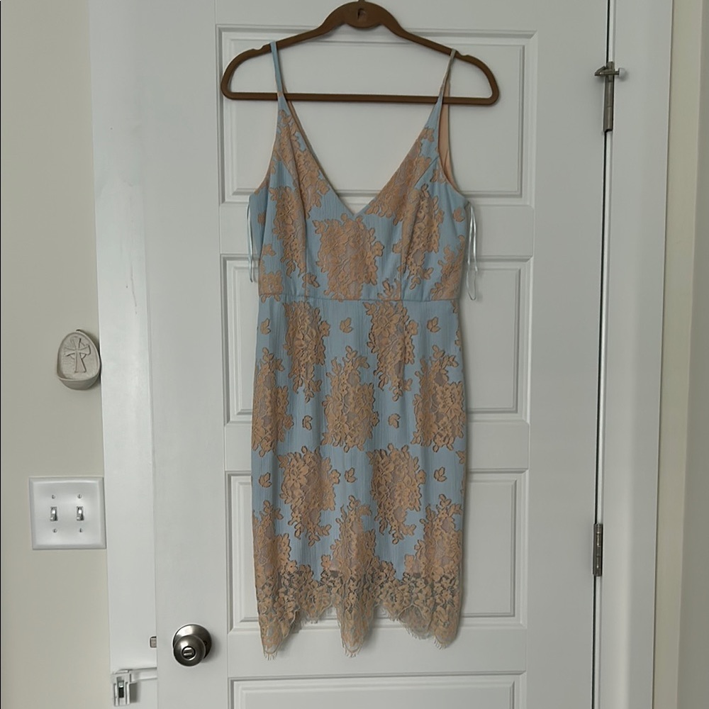 Minuet Petite Blue and Tan Lace Dress